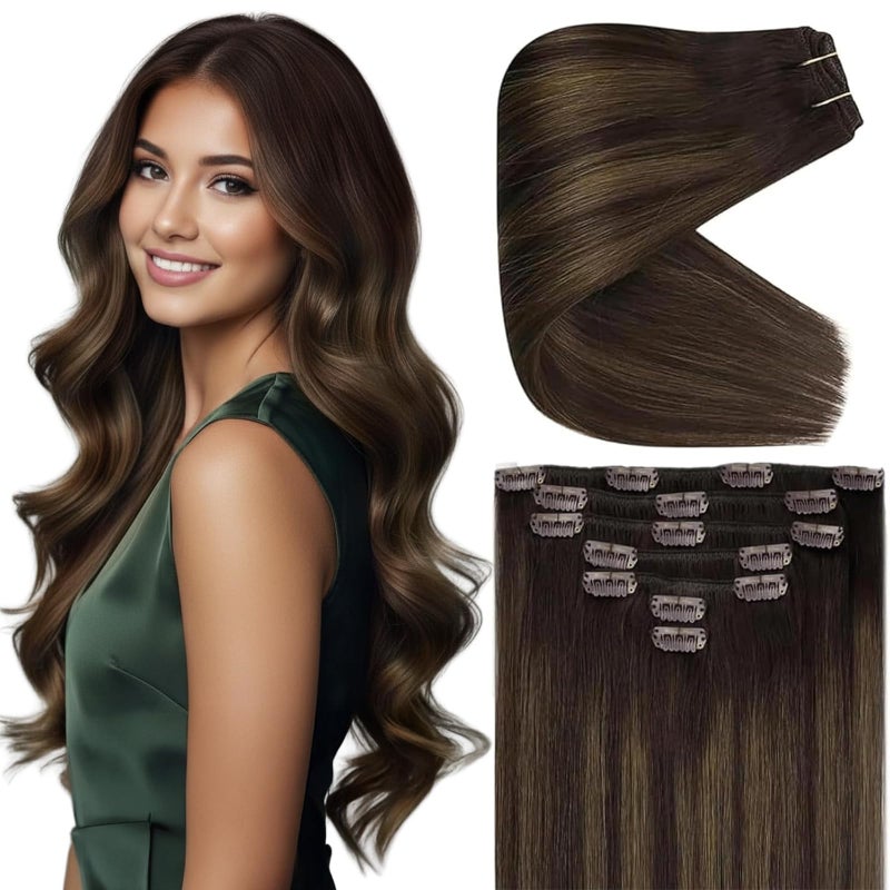 Ve Sunny Human Hair Clip in Extensions 22Inch Long Clip in Hair Extensions Real Human Hair Balayage Dark Brown Hair Extensions Clip ins for Women Easy Apply 120g - Image 1